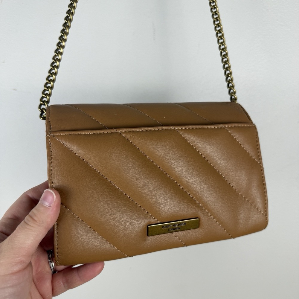 Kurt Geiger Mini Quilted Crossbody Bag Brown Tan Gold Chain Strap Accent Dressy - Picture 7 of 16